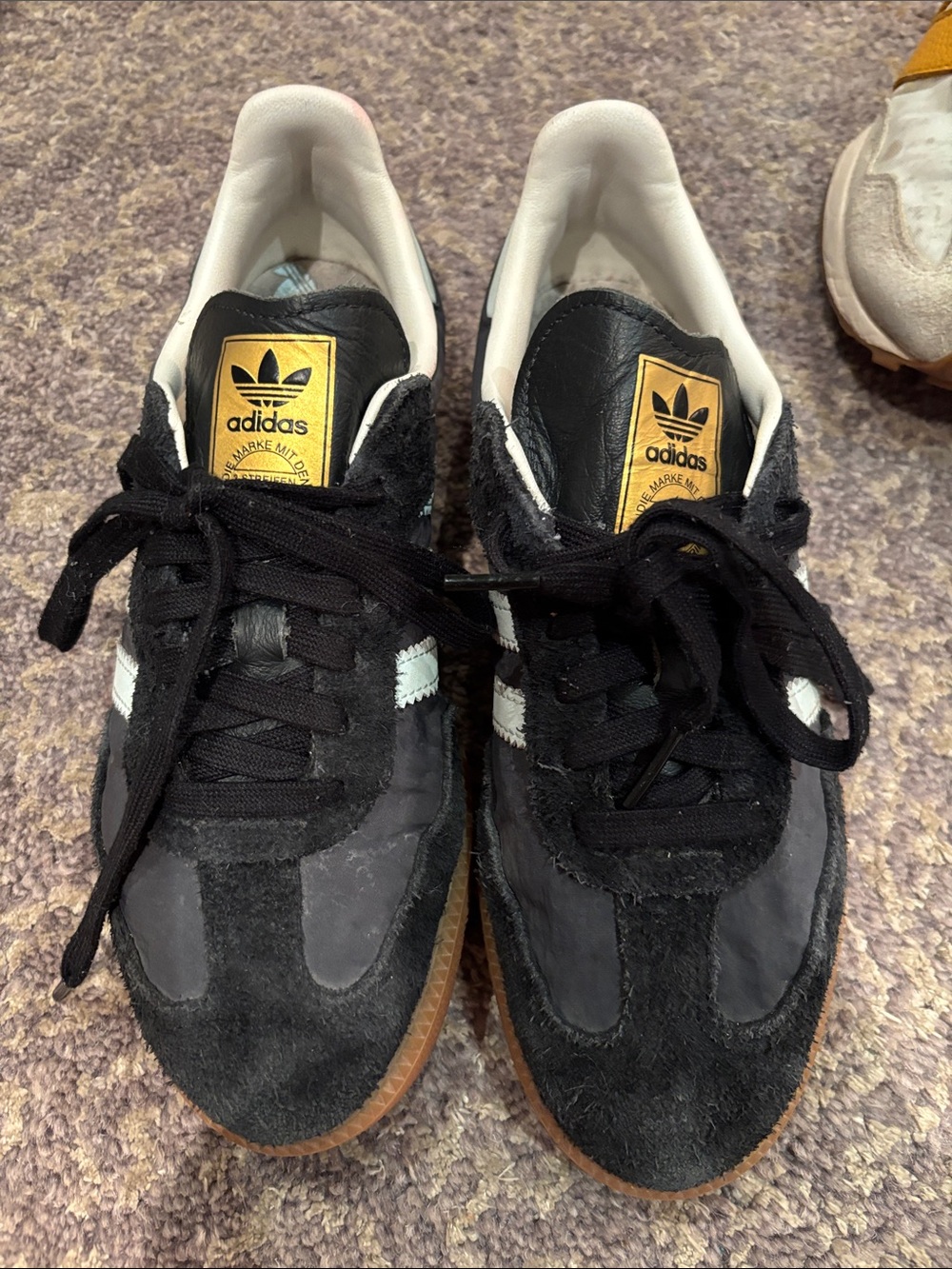 adidas Black & White Suede Leather Retro Sneakers with Gold Tongue Samba 7.5